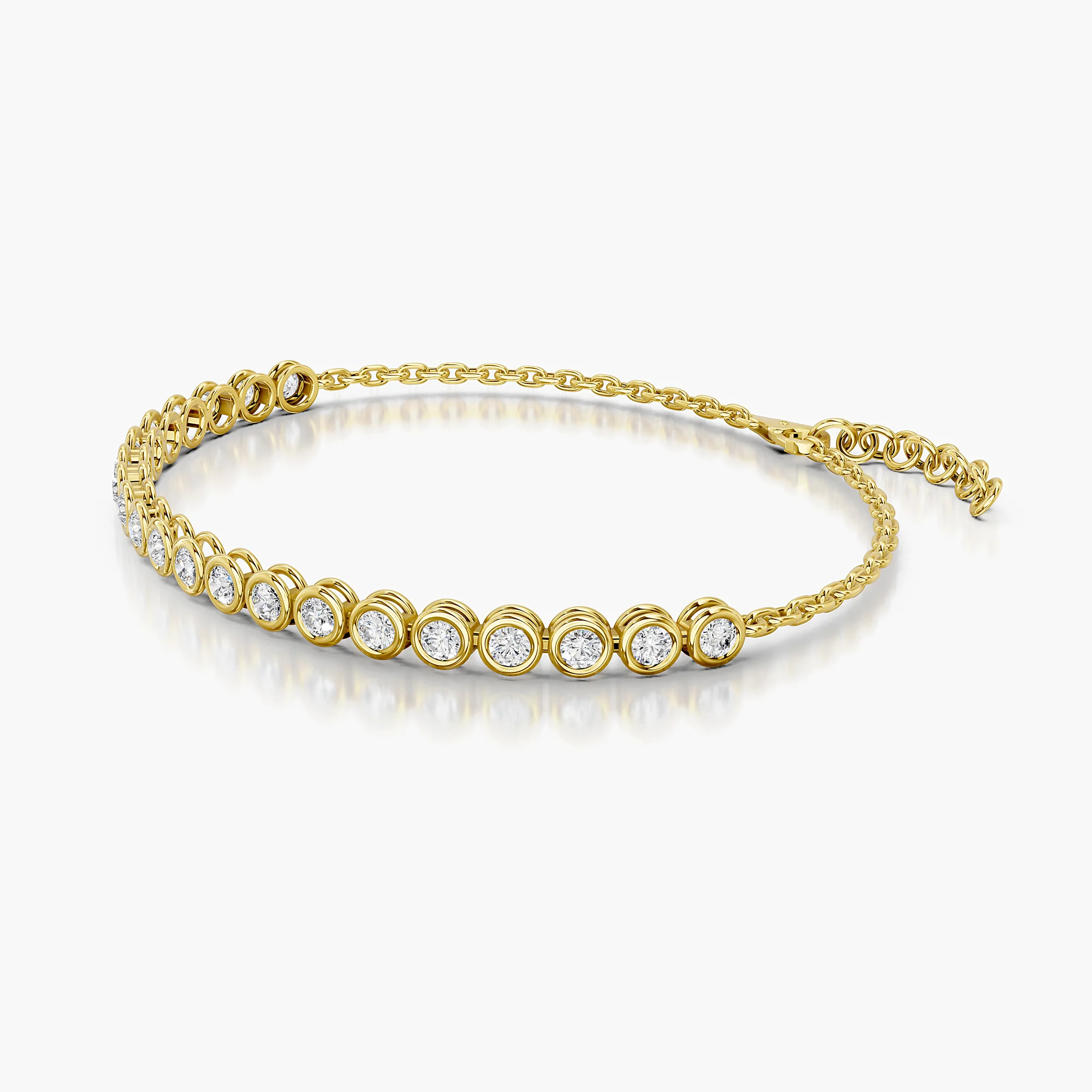 Round diamond link bracelet featuring graduated concentric circular frames, a flexible chain and a lobster clasp.