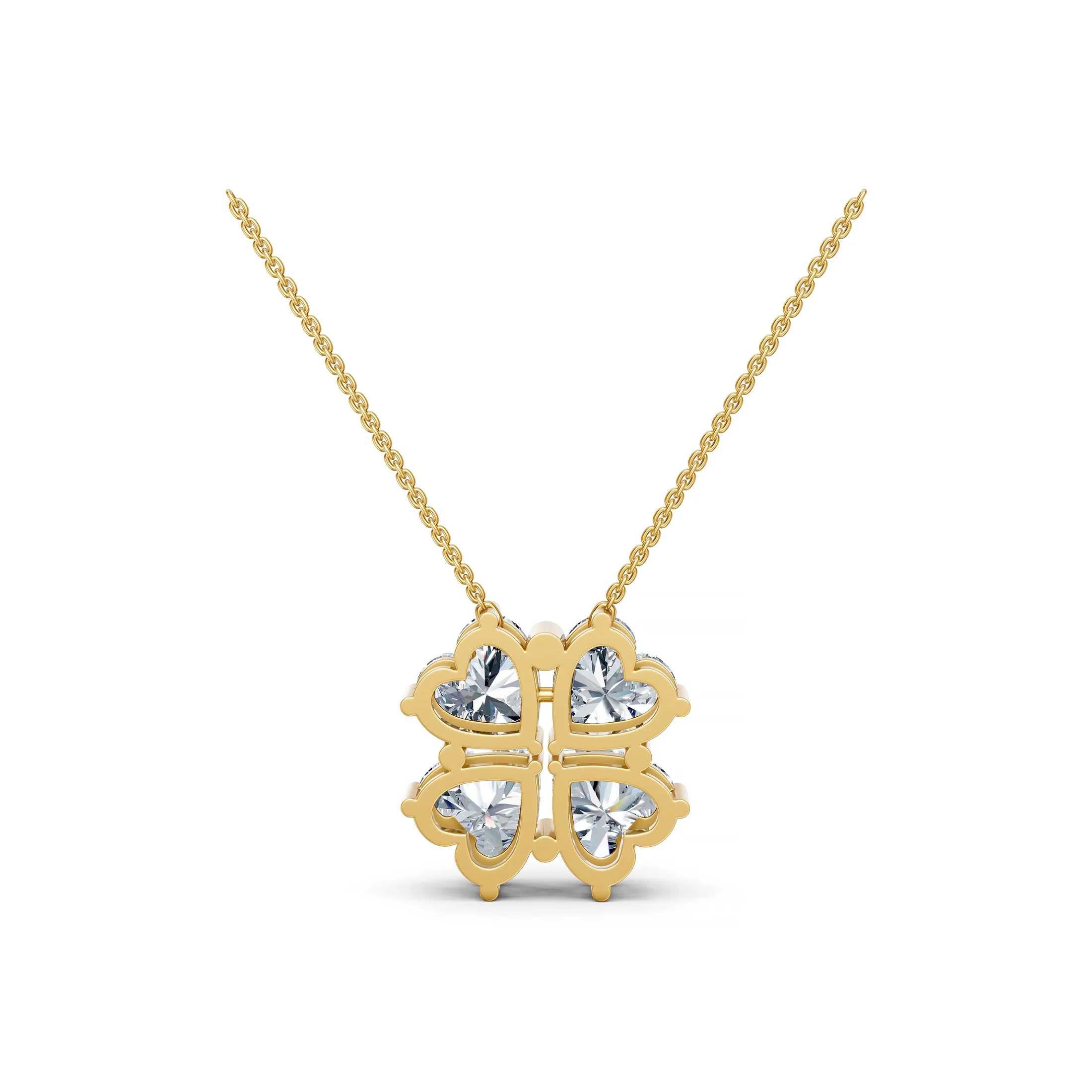 Four heart-shaped diamonds arranged as a clover pendant necklace