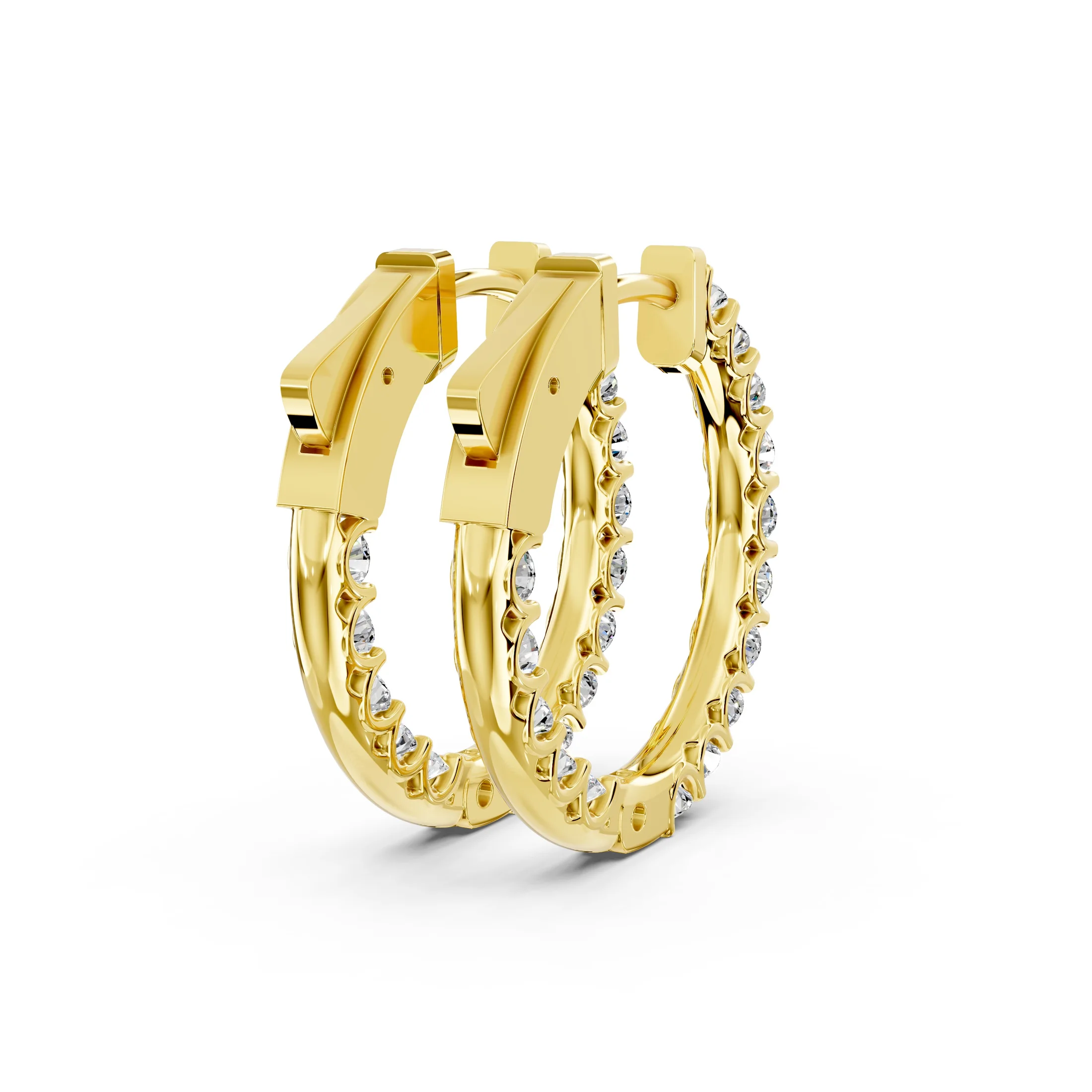 Pair of round diamond hoop earrings with prong-set stones and hinged latch-back closures.