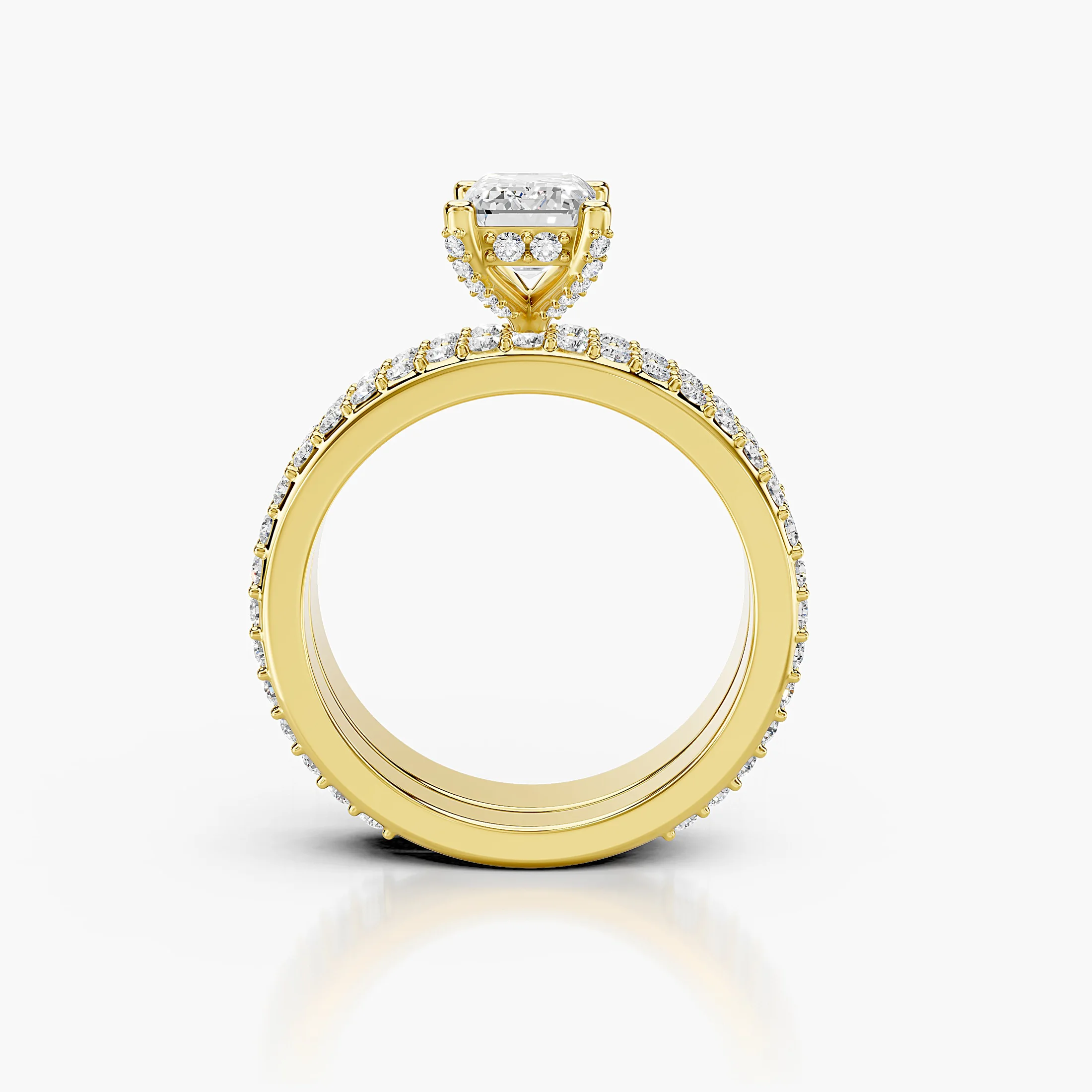 Emerald diamond pavé bridal set with a four-prong center and layered round diamond bands