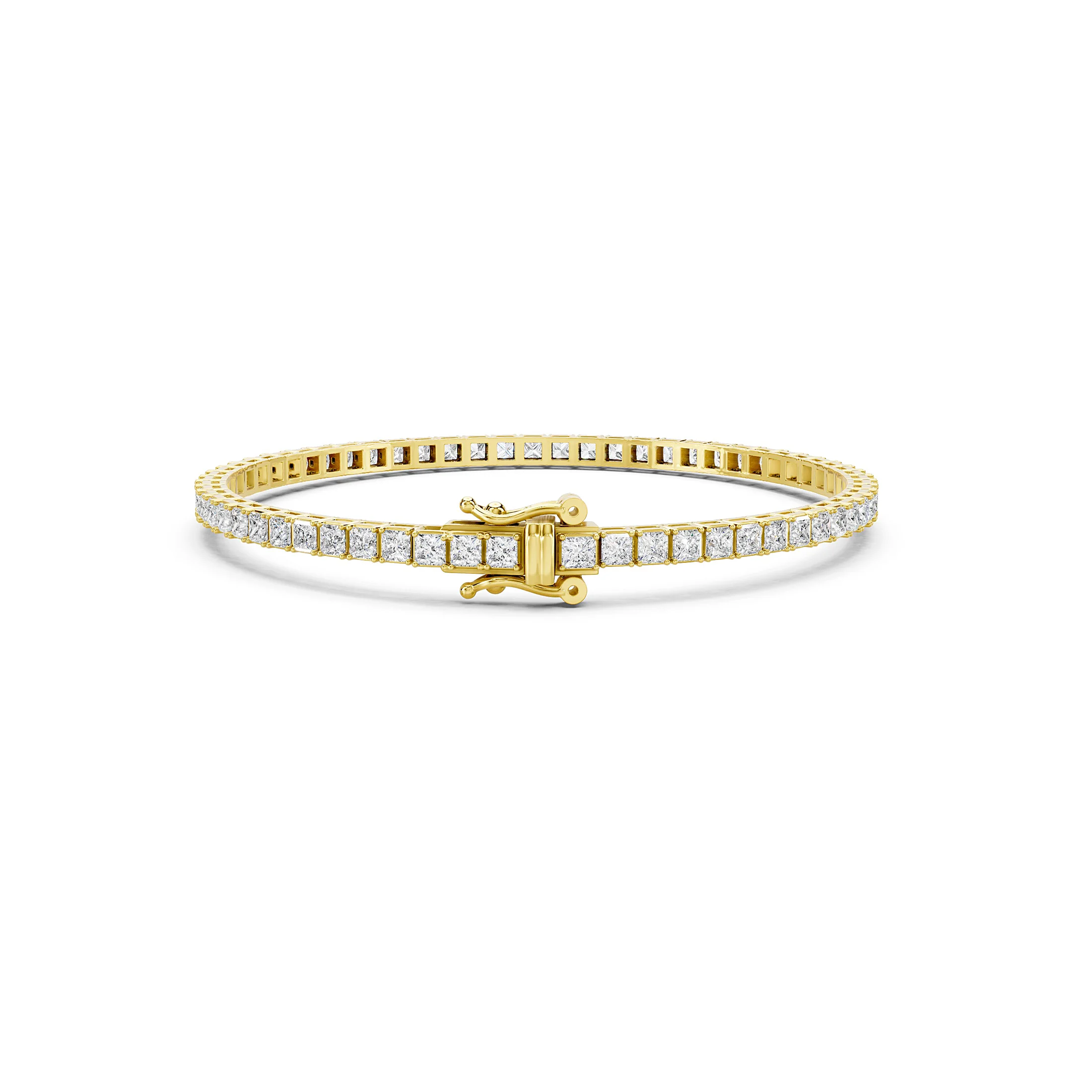 Princess-cut diamond tennis bracelet with articulated square links, four-prong settings, and a box clasp with two safety latches.