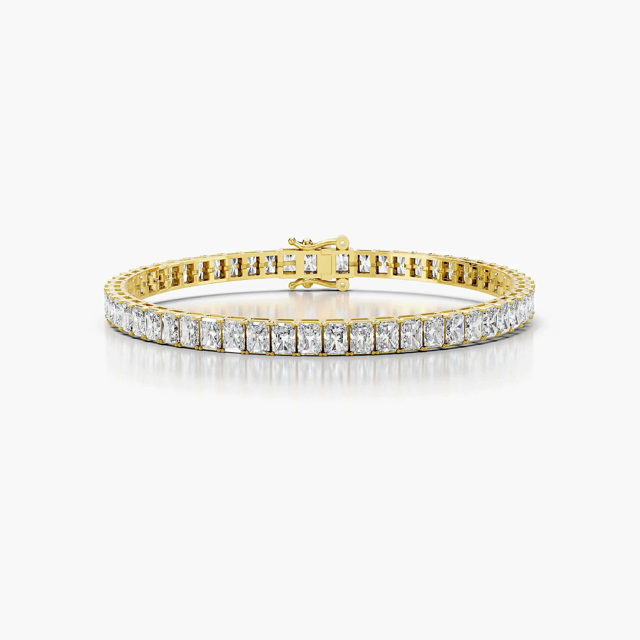 Elongated radiant-cut diamond tennis bracelet with flexible rectangular links and an integrated box clasp with two safety latches.