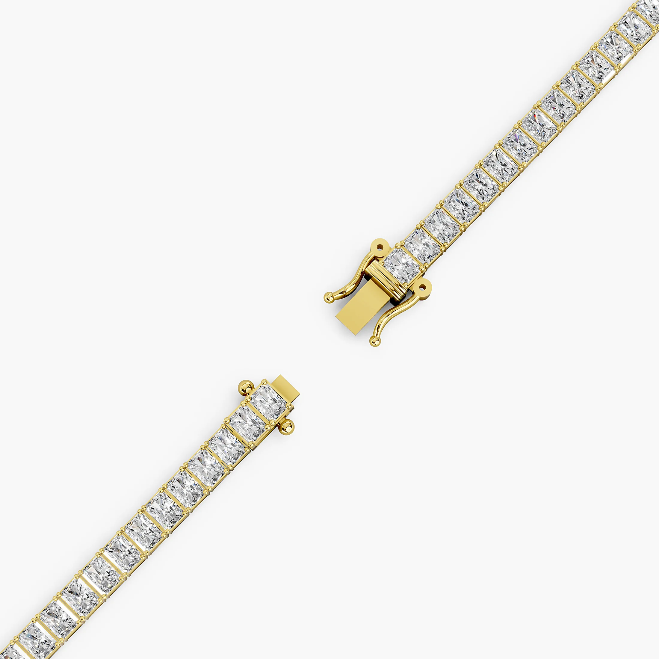 Elongated radiant-cut diamond tennis bracelet with flexible rectangular links and an integrated box clasp with two safety latches.