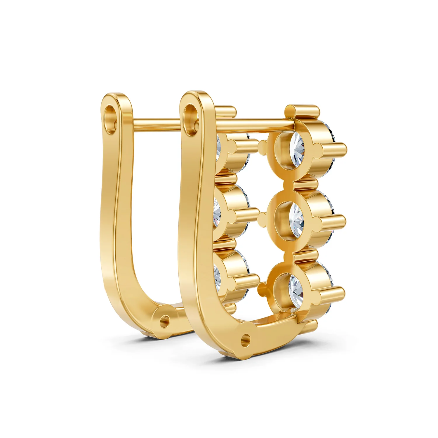 Trivessa three-stone diamond huggie earrings with vertical round diamonds and polished hinged gold frames.