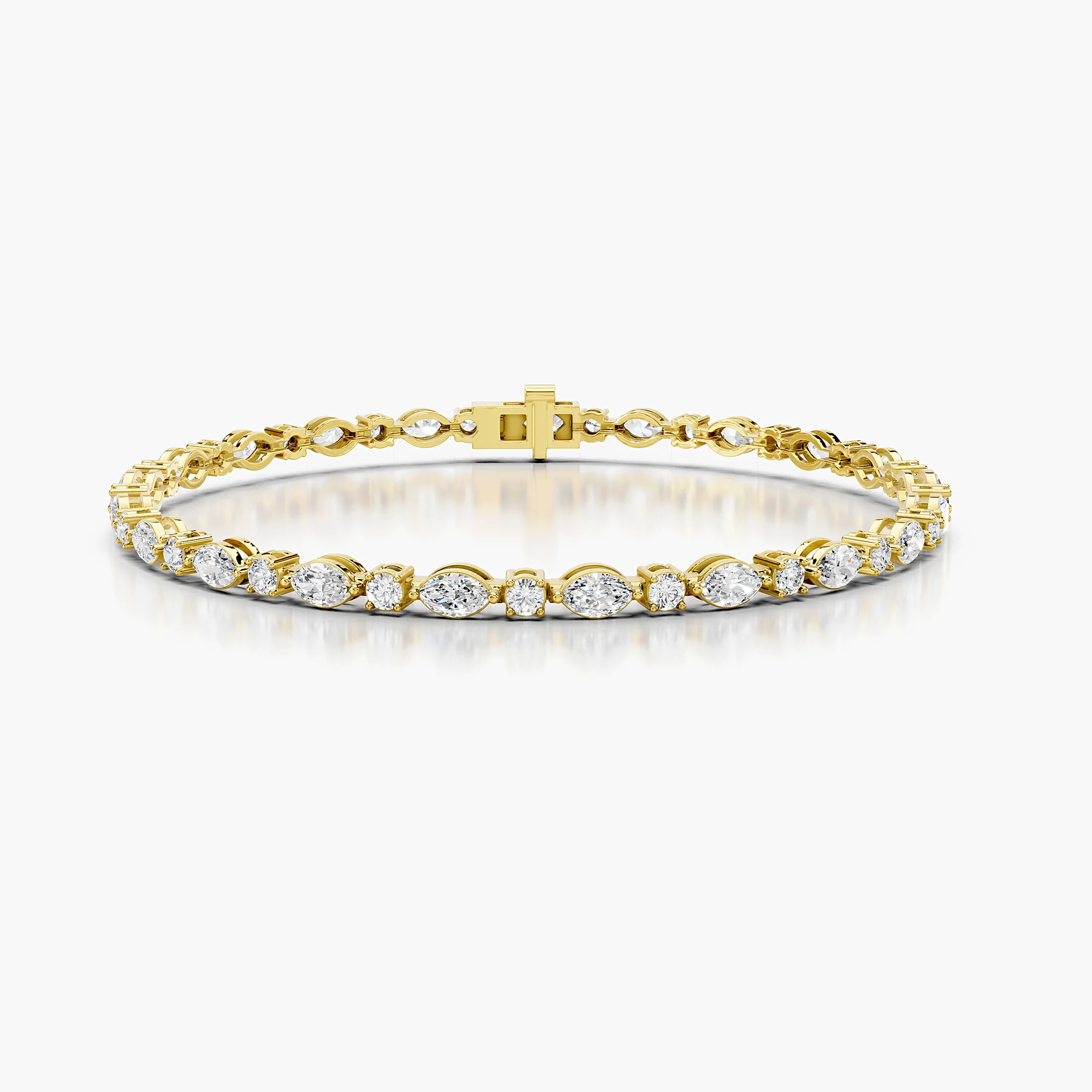 Alternating marquise and round diamond bracelet with articulated single-row links and a concealed box clasp.