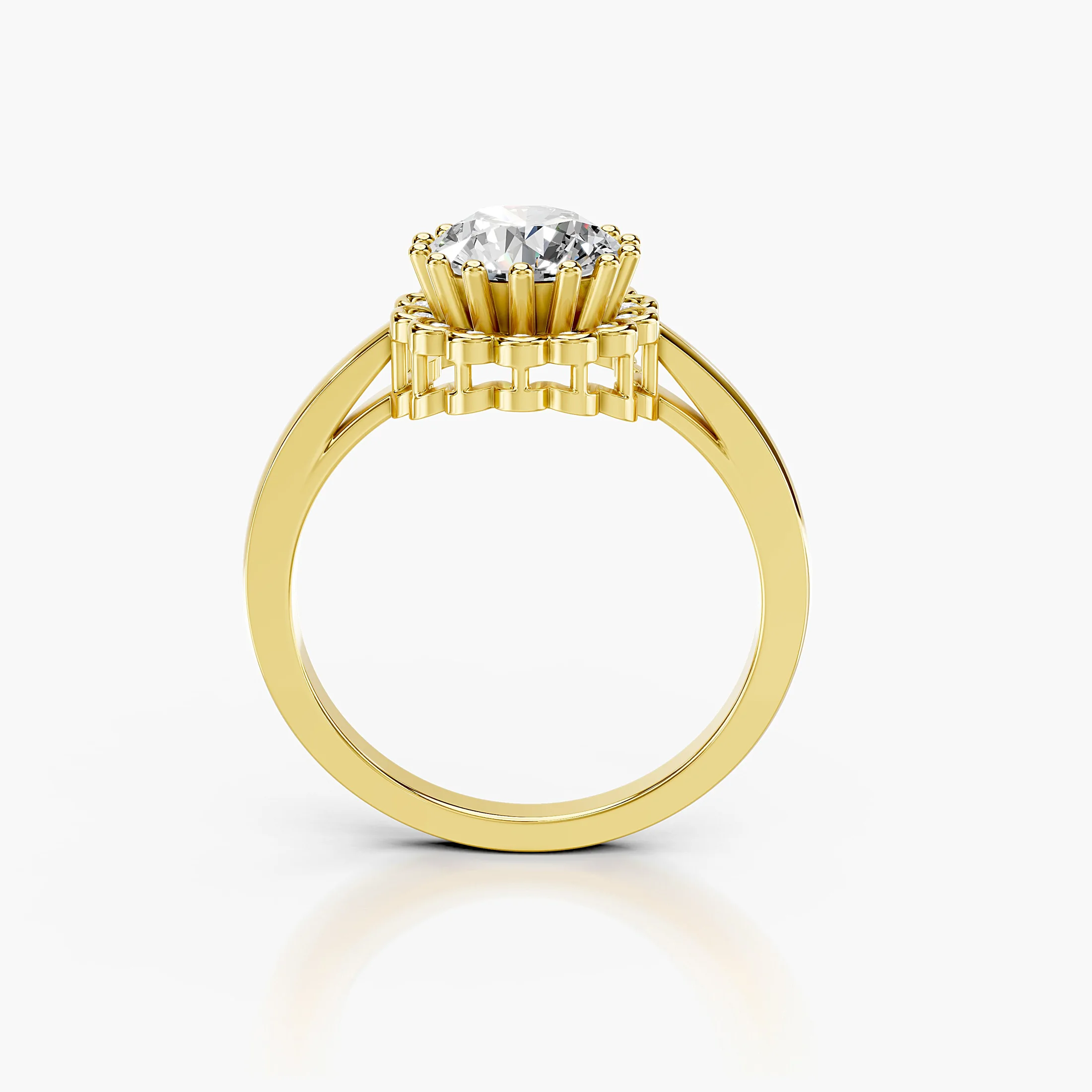 Round center-stone engagement ring with a scalloped halo of round diamonds.
