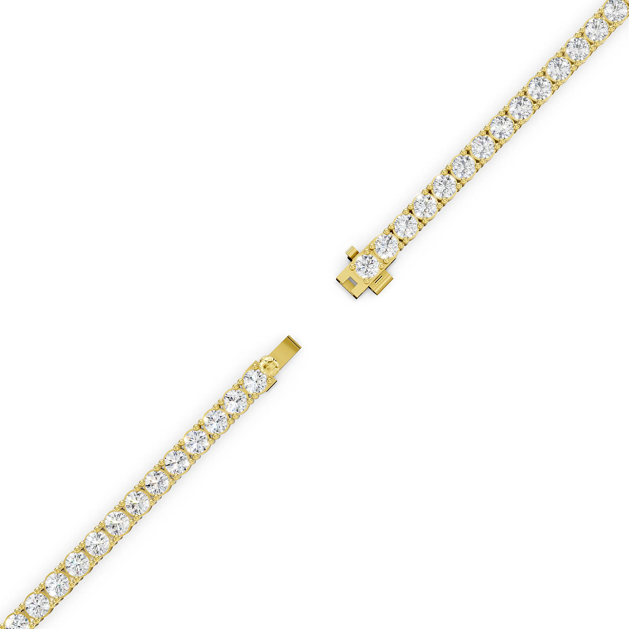 Eight-inch round diamond tennis bracelet with flexible four-prong links and an integrated box-style clasp.