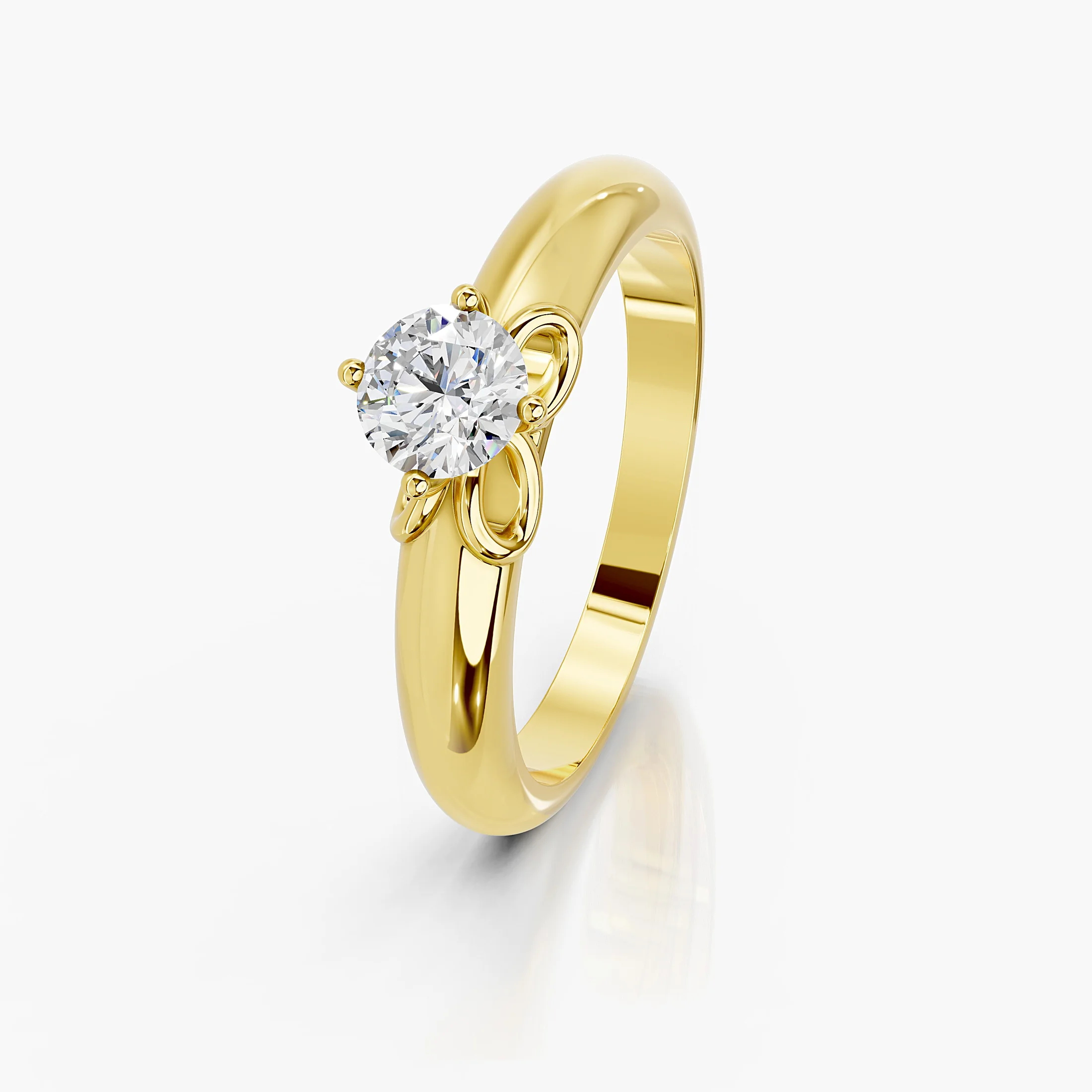 Round diamond solitaire ring with a scrollwork gallery on a polished gold band.