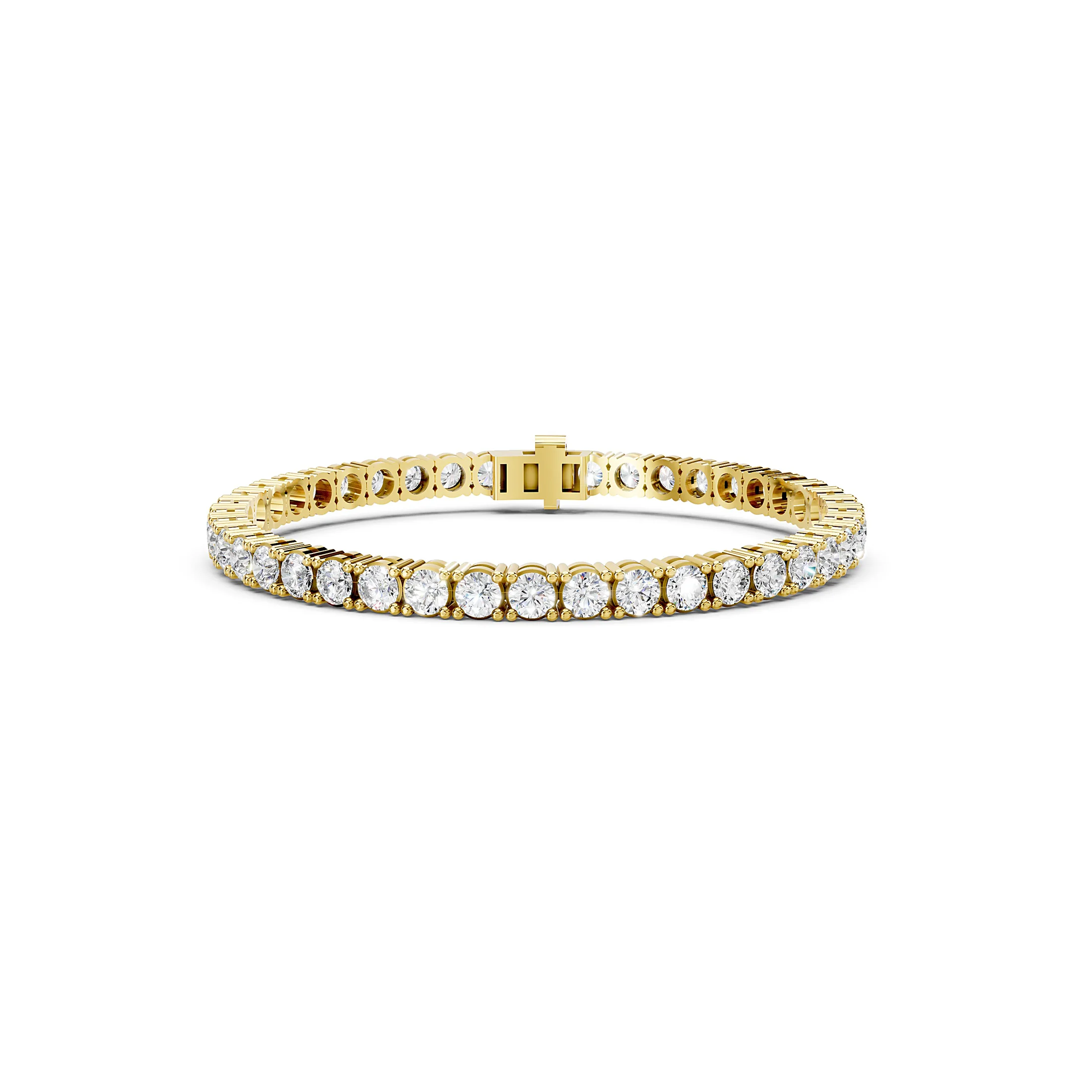 Eight-inch round diamond tennis bracelet with flexible four-prong links and an integrated box-style clasp.