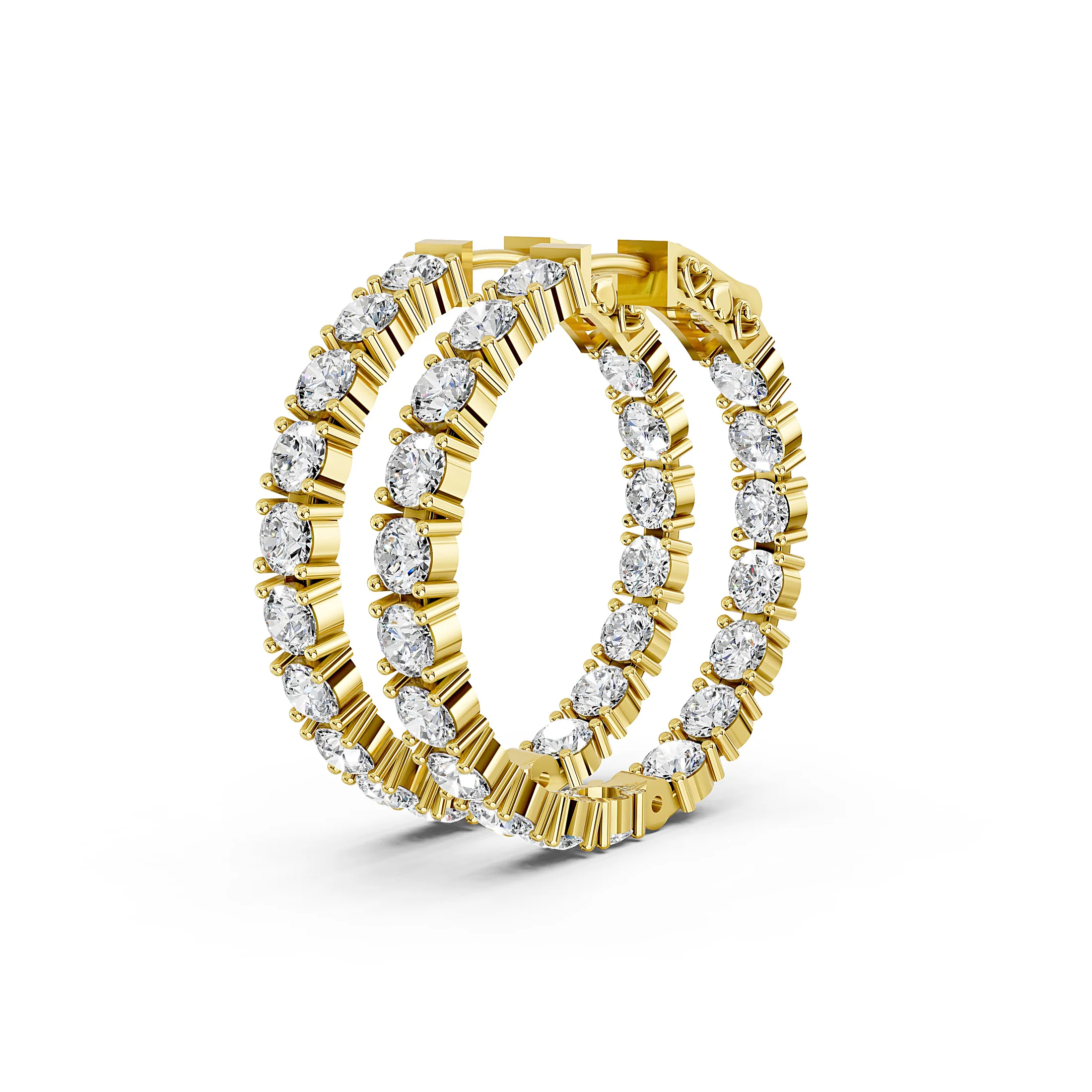 Pair of single-row round diamond hoop earrings with prong settings and hinged latch-back closures.