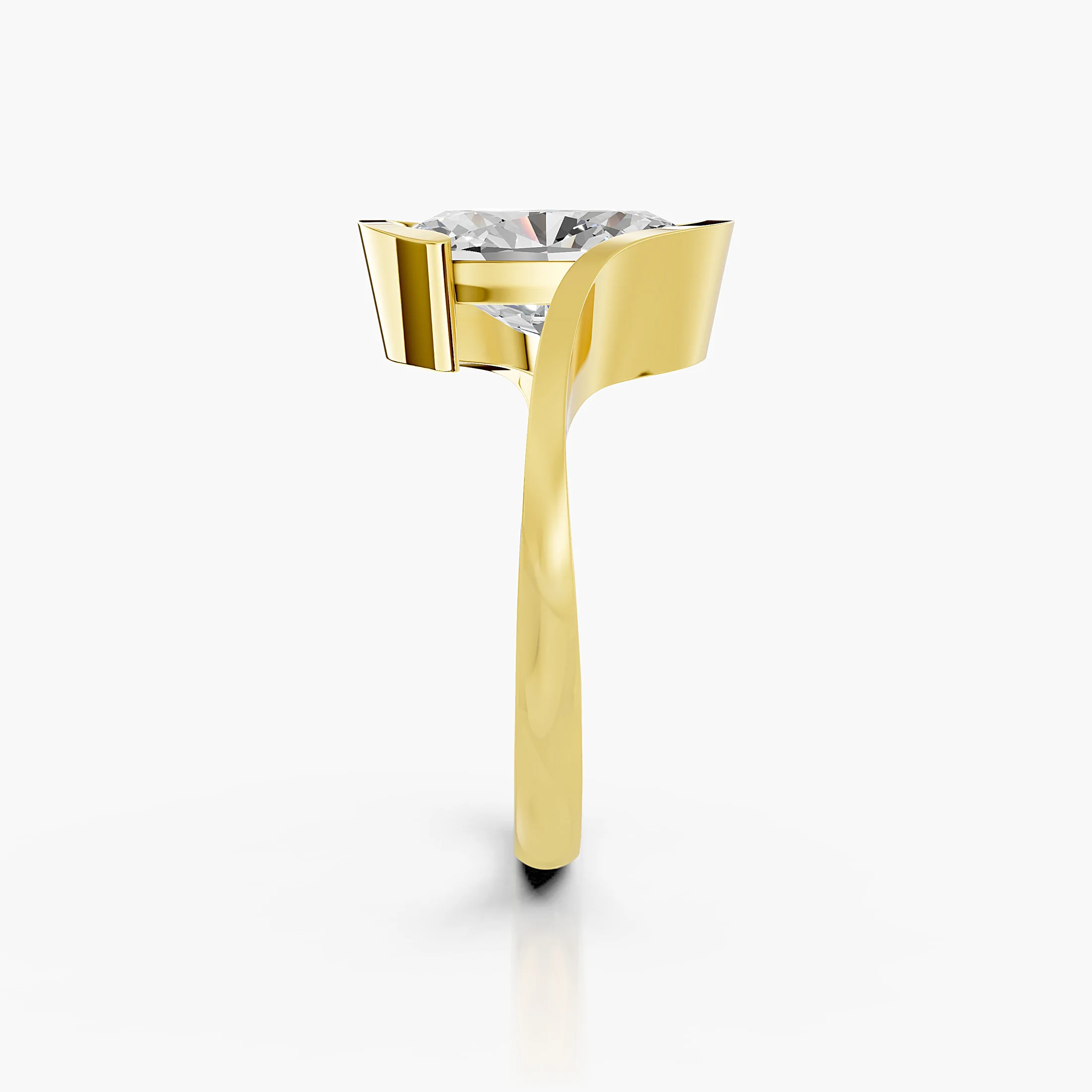 Oval-cut diamond solitaire ring set within a sculptural swirl gold band.
