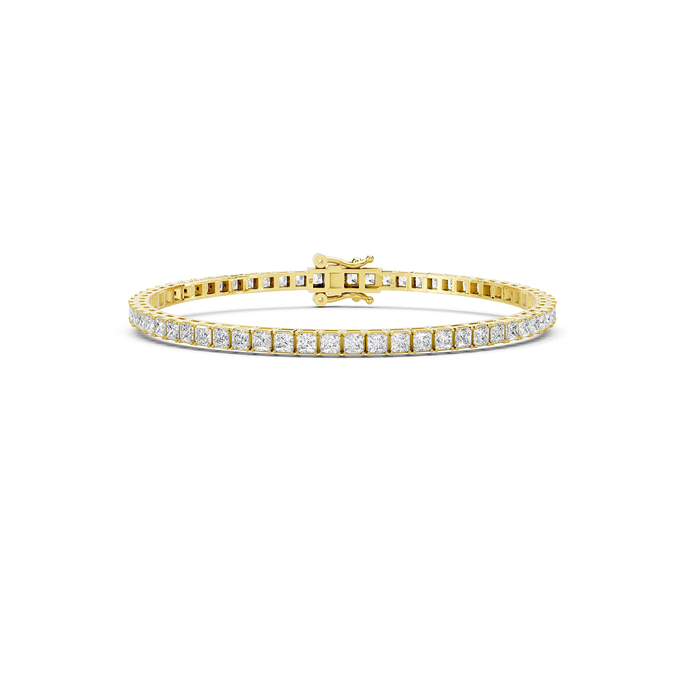 Princess-cut diamond tennis bracelet with articulated square links, four-prong settings, and a box clasp with two safety latches.