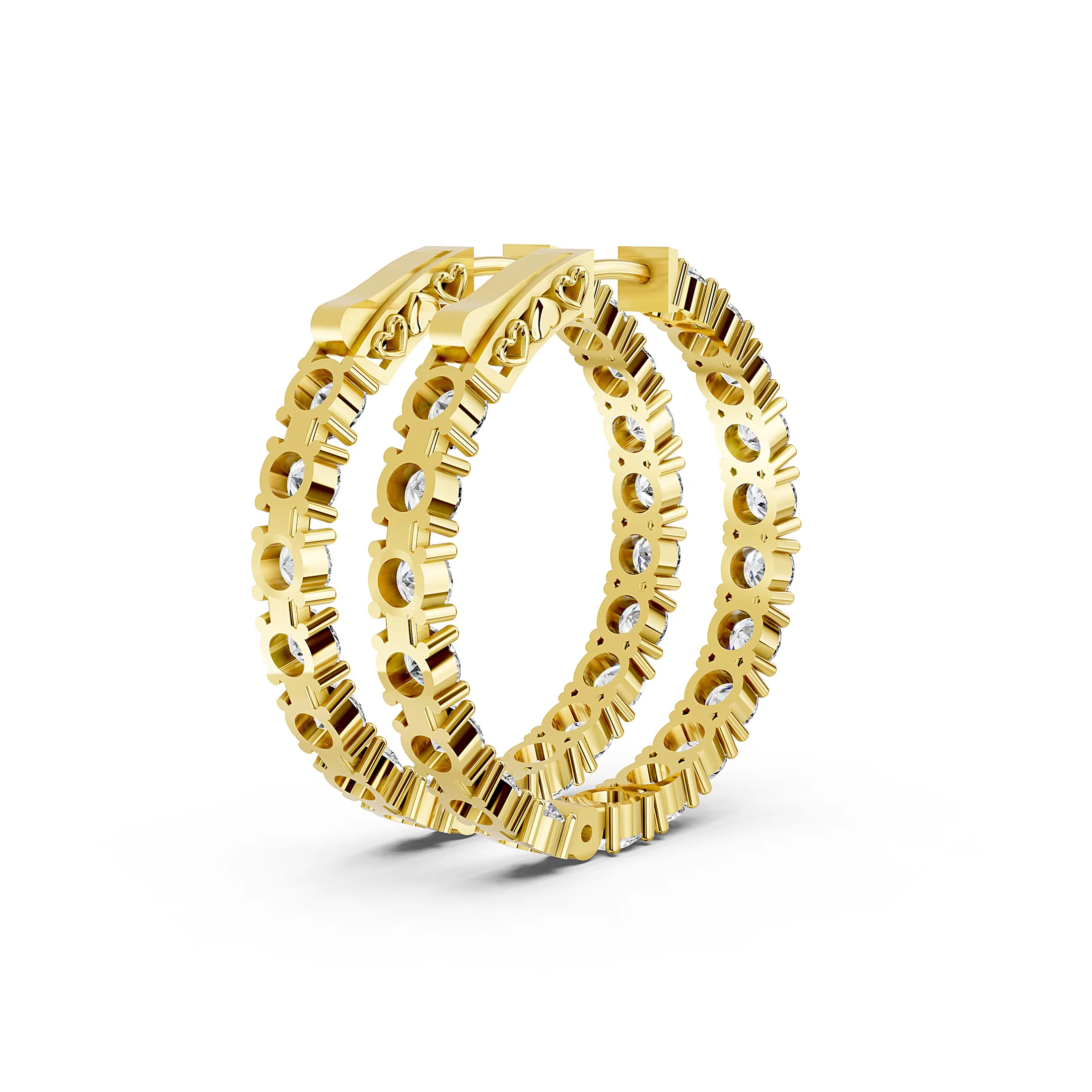 Pair of single-row round diamond hoop earrings with prong settings and hinged latch-back closures.