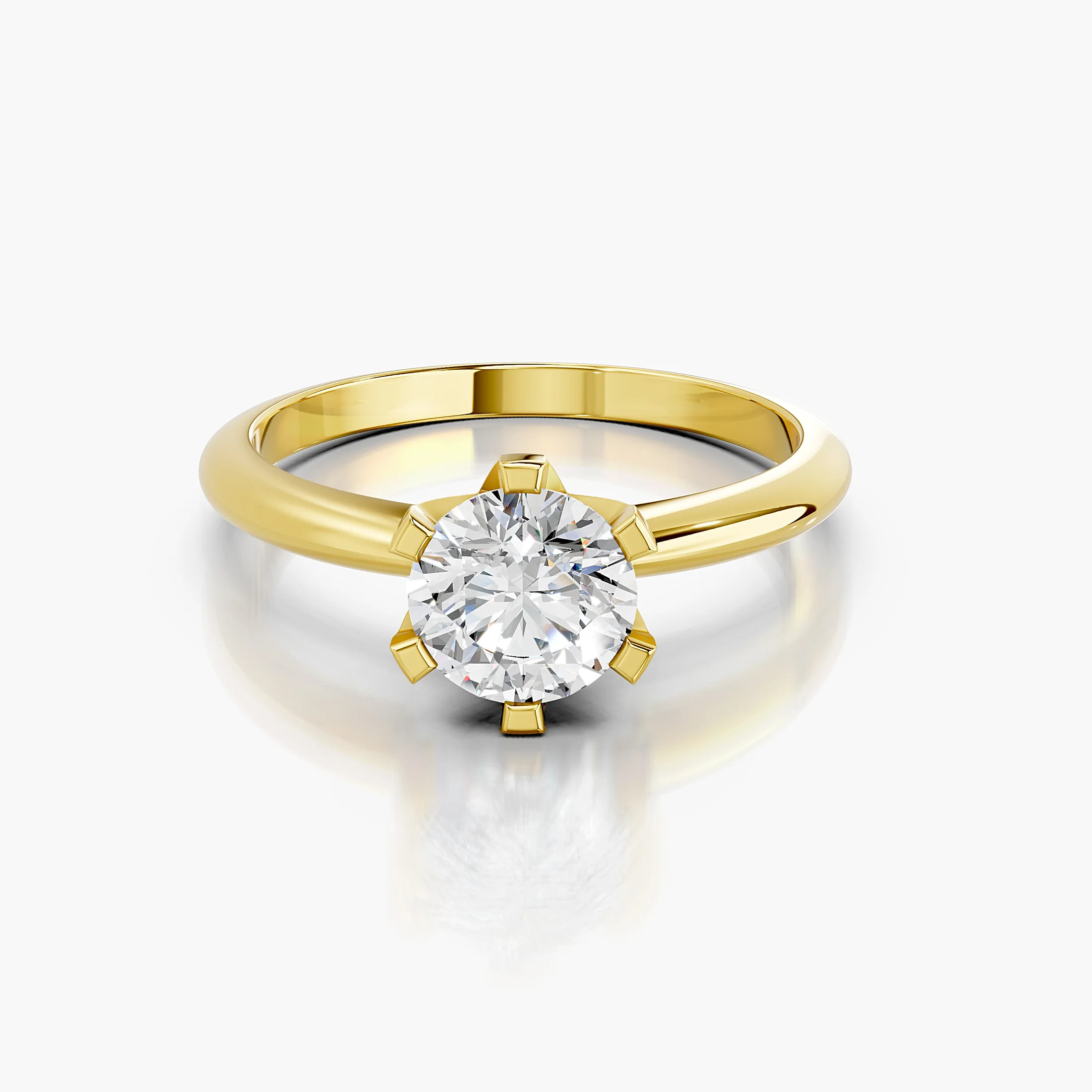 Round diamond solitaire ring held by angular eight-prong setting on a polished gold band.