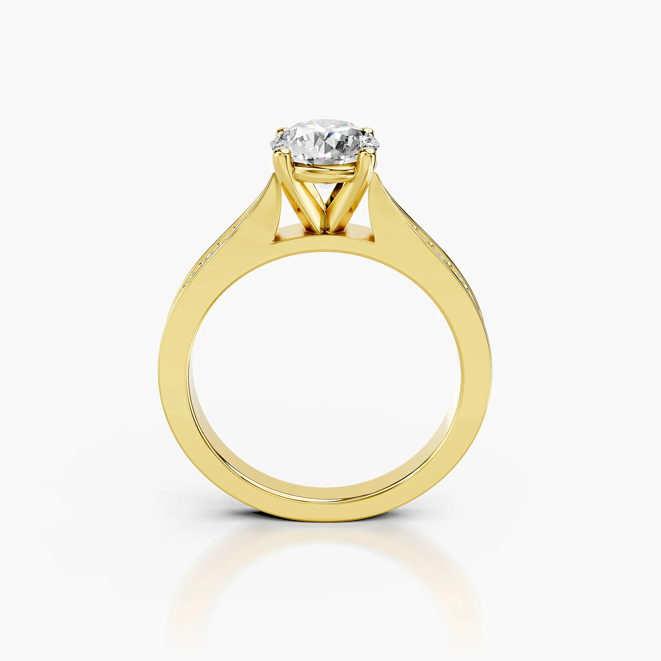 Round four-prong engagement ring with sculpted split shoulders and graduated side stones framed by polished rails.