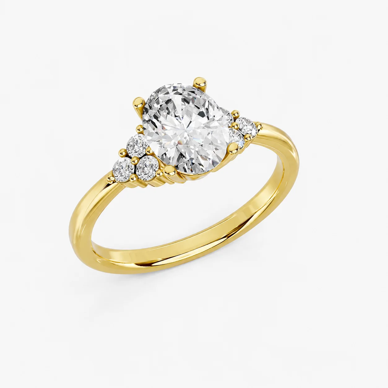 Oval four-prong engagement ring with three clustered round side stones on each shoulder and a polished tapered band.