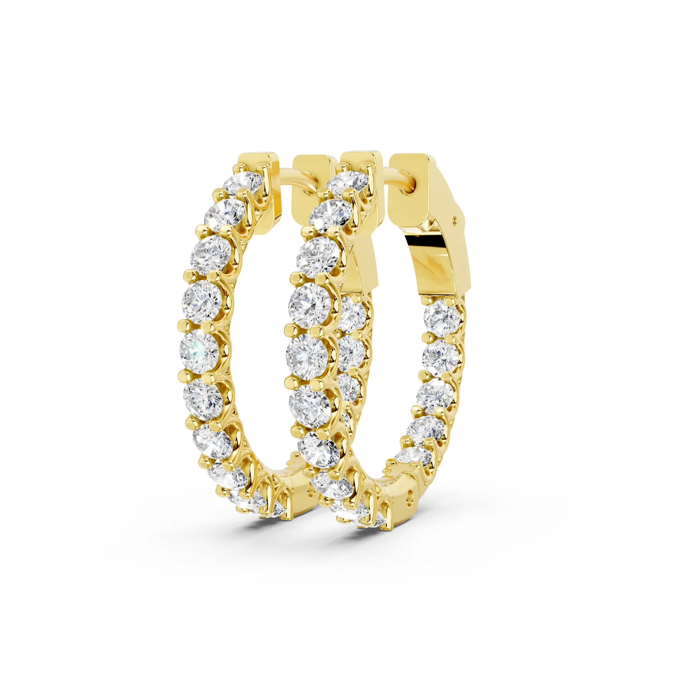 Pair of round diamond hoop earrings with prong-set stones and hinged latch-back closures.