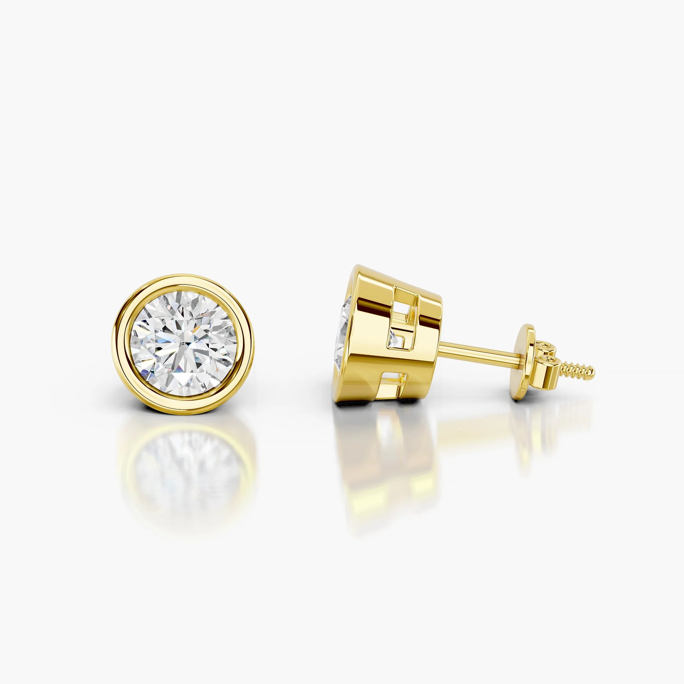Round diamond solitaire stud earrings with smooth bezel settings