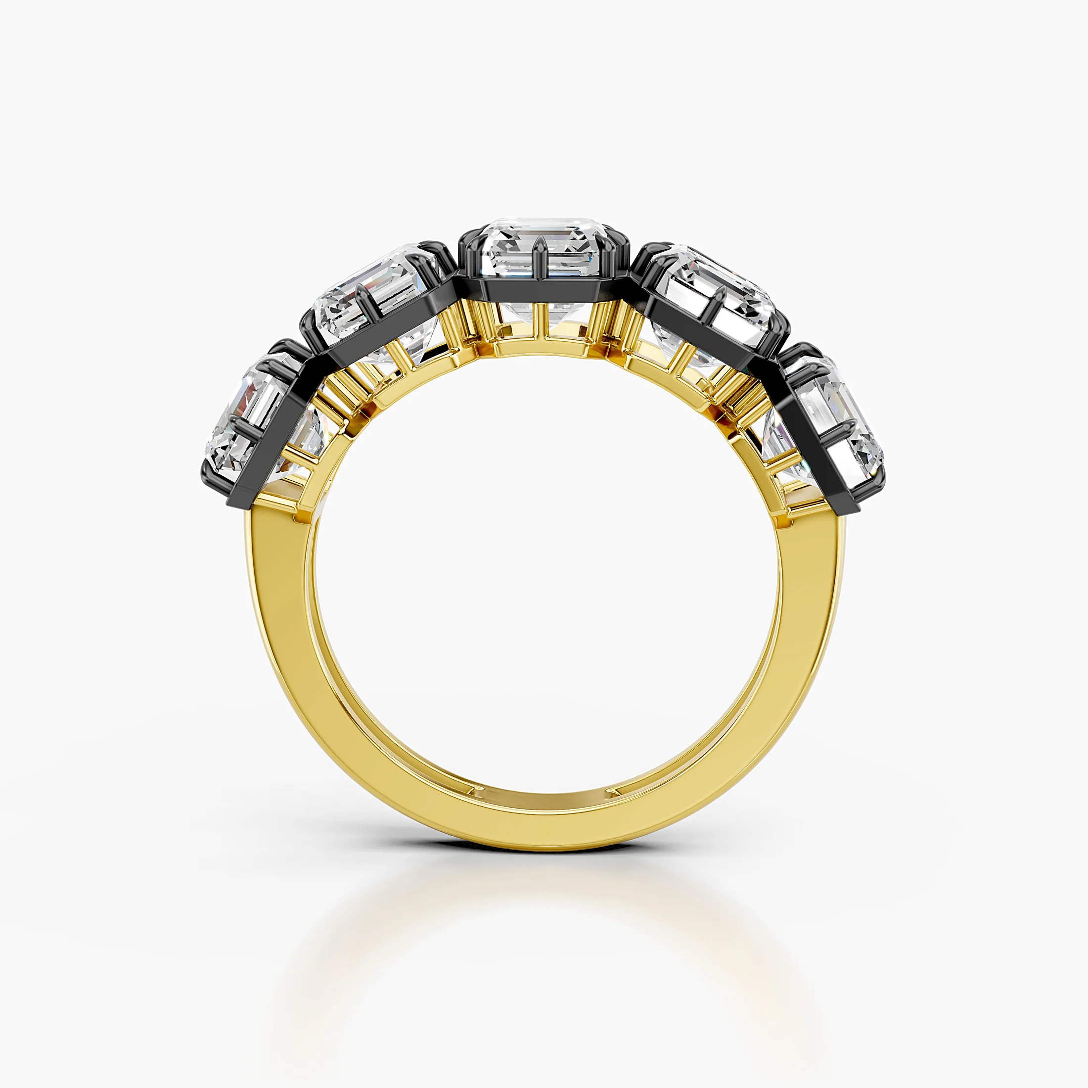 Statement ring featuring five Asscher-cut diamonds set in dark contrast prongs on a polished gold band.