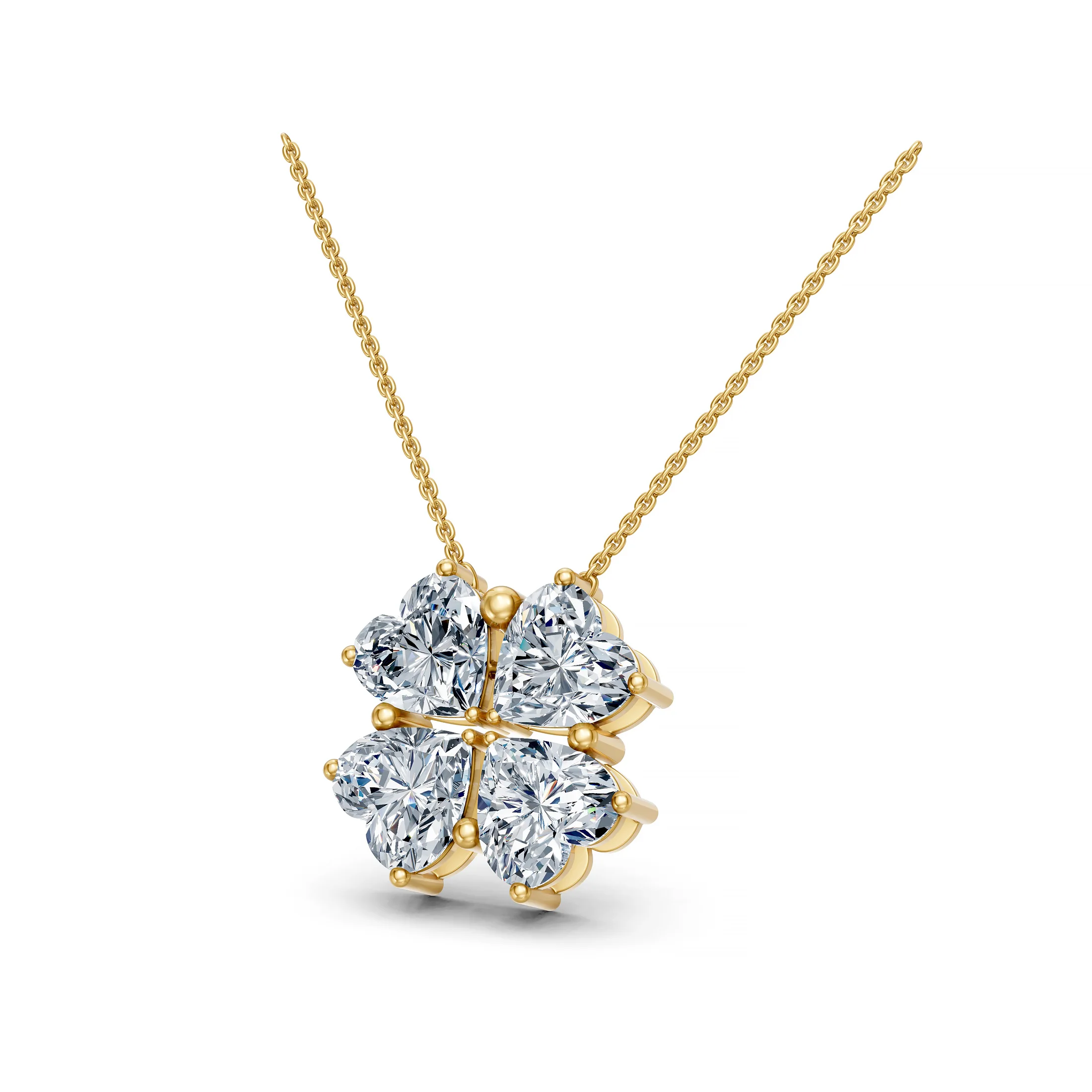 Four heart-shaped diamonds arranged as a clover pendant necklace
