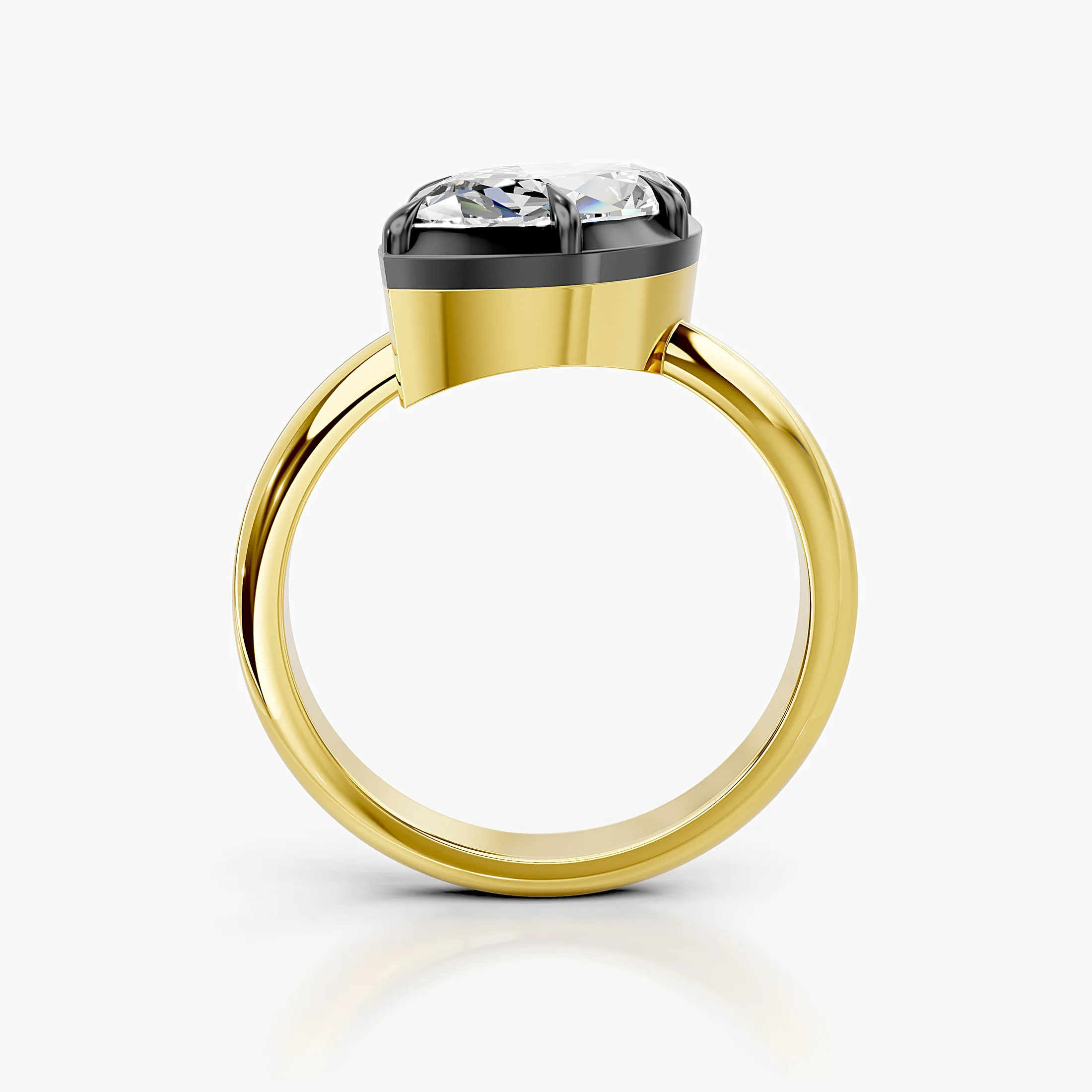 Marquise-cut diamond solitaire ring set in dark contrast prongs on a polished gold band.