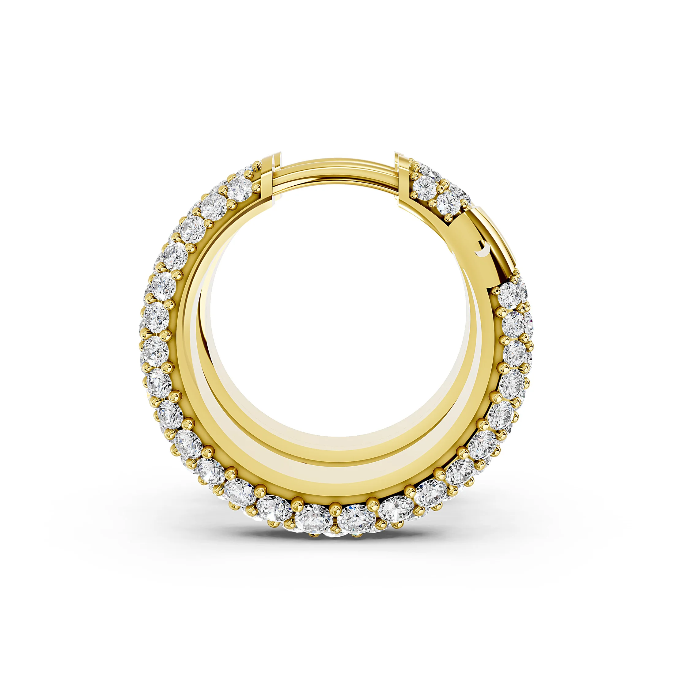 Pair of triple-row huggie hoop earrings with graduated round diamonds in prong settings.