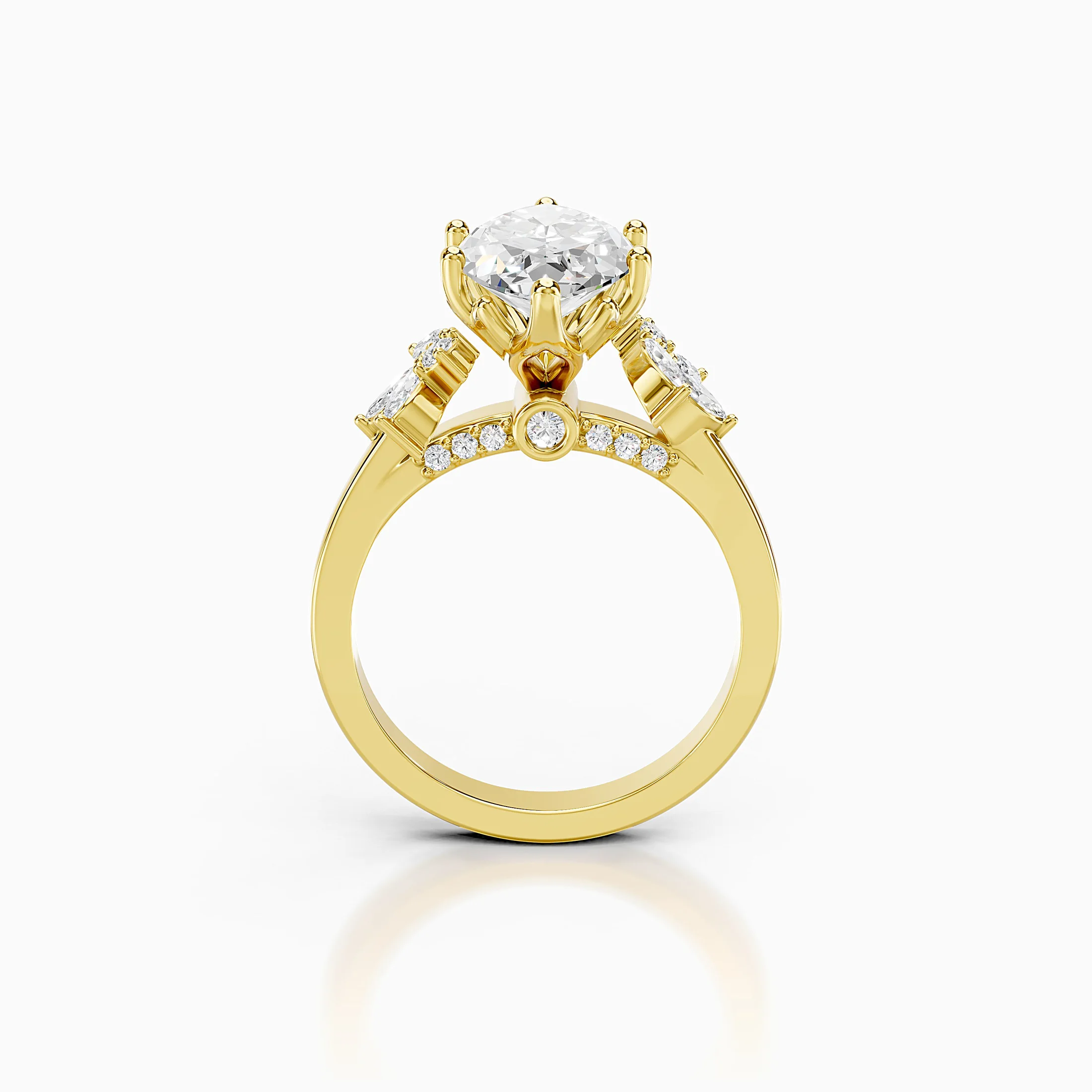 Marquise center-stone engagement ring with clustered round and marquise diamond accents.