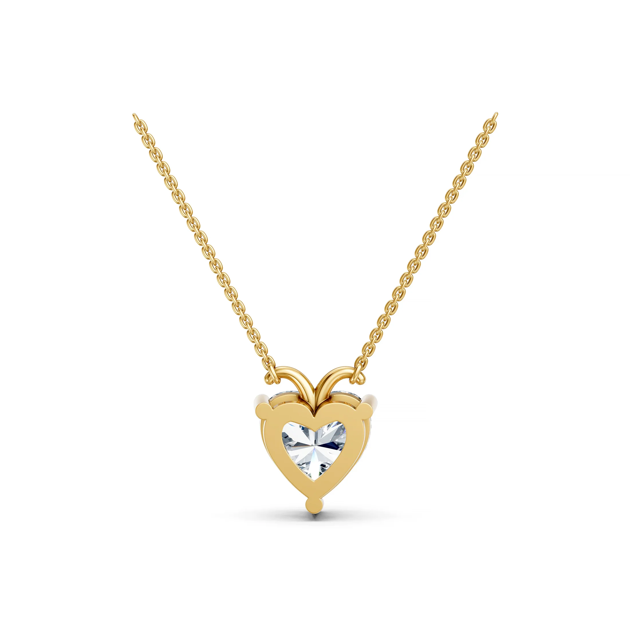 Heart-shaped solitaire diamond necklace with a three-prong setting and integrated curved chain connectors
