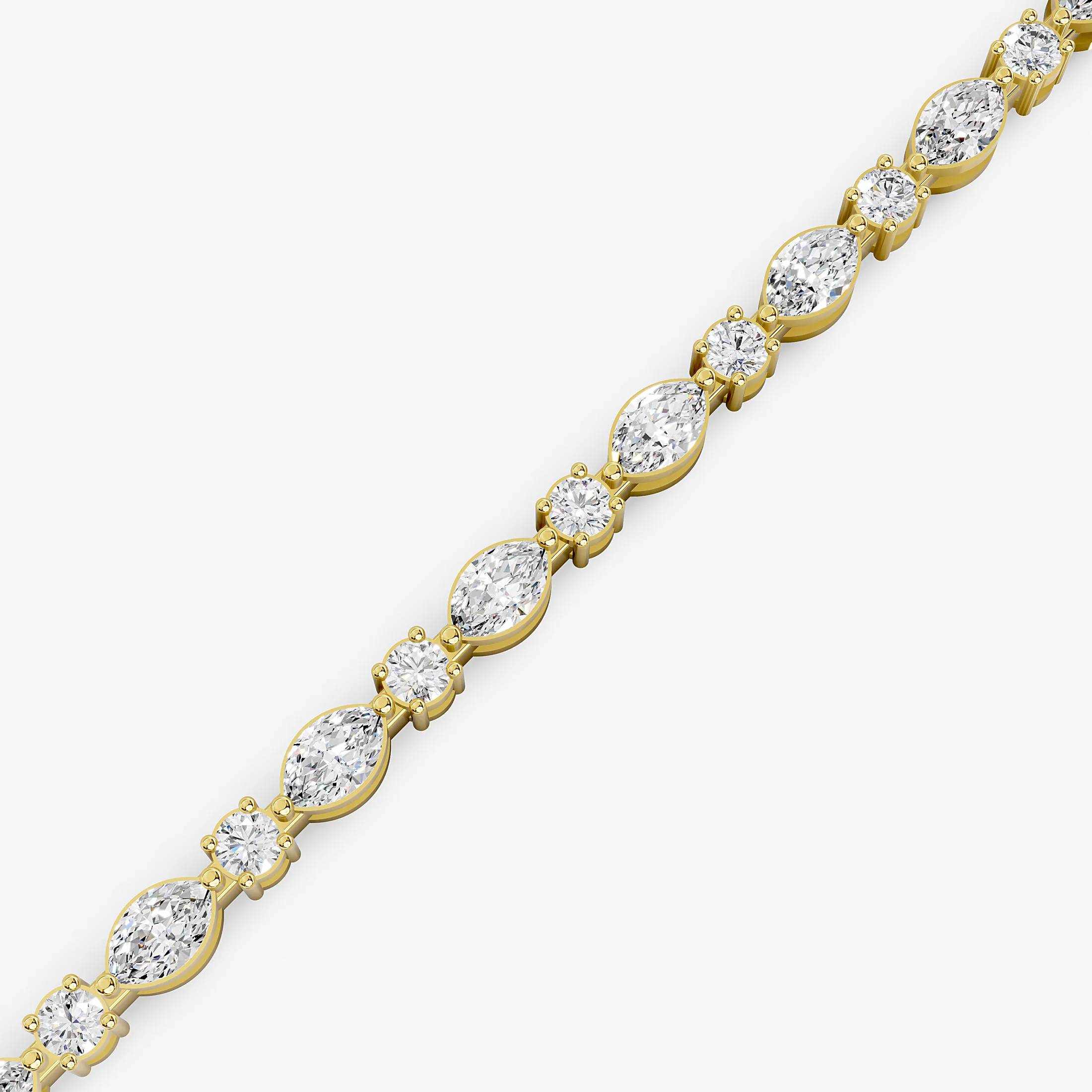 Alternating marquise and round diamond bracelet with articulated single-row links and a concealed box clasp.