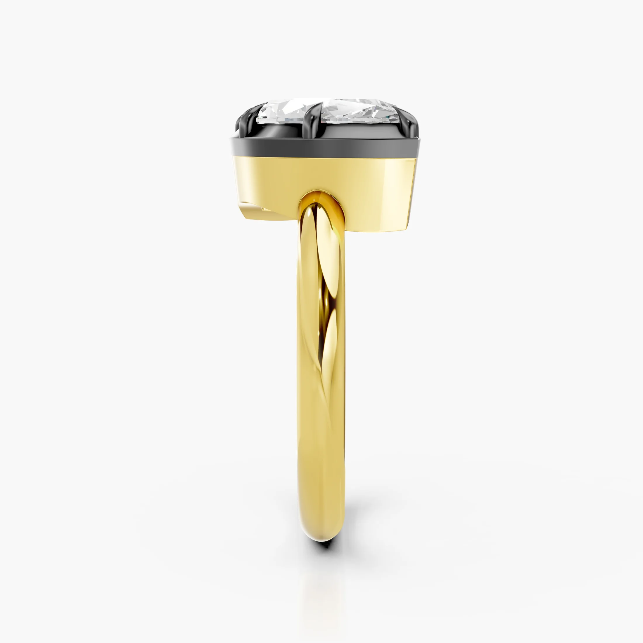 Marquise-cut diamond solitaire ring set in dark contrast prongs on a polished gold band.
