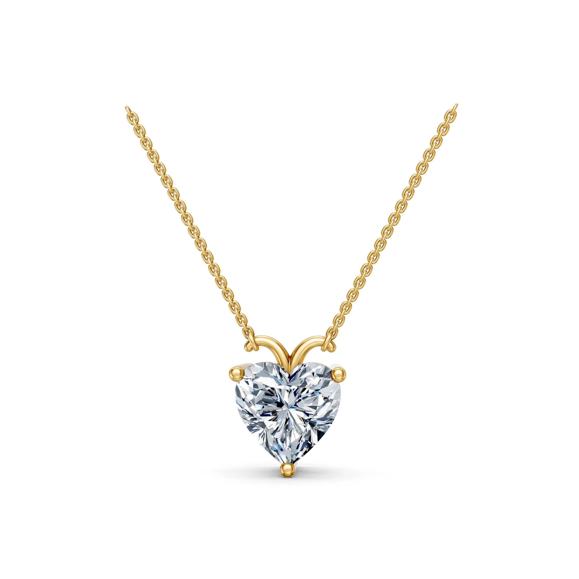 Heart-shaped solitaire diamond necklace with a three-prong setting and integrated curved chain connectors