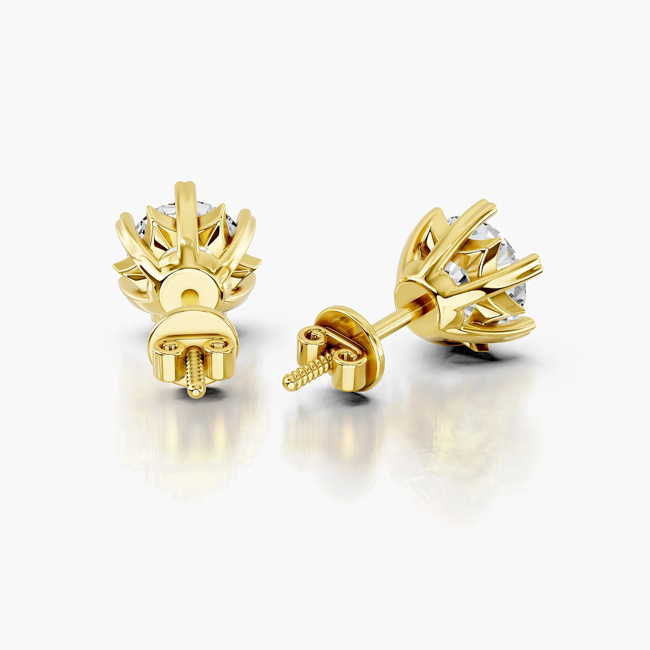 Cherivelle round diamond solitaire stud earrings with sculpted heart-shaped prongs and polished gold settings.