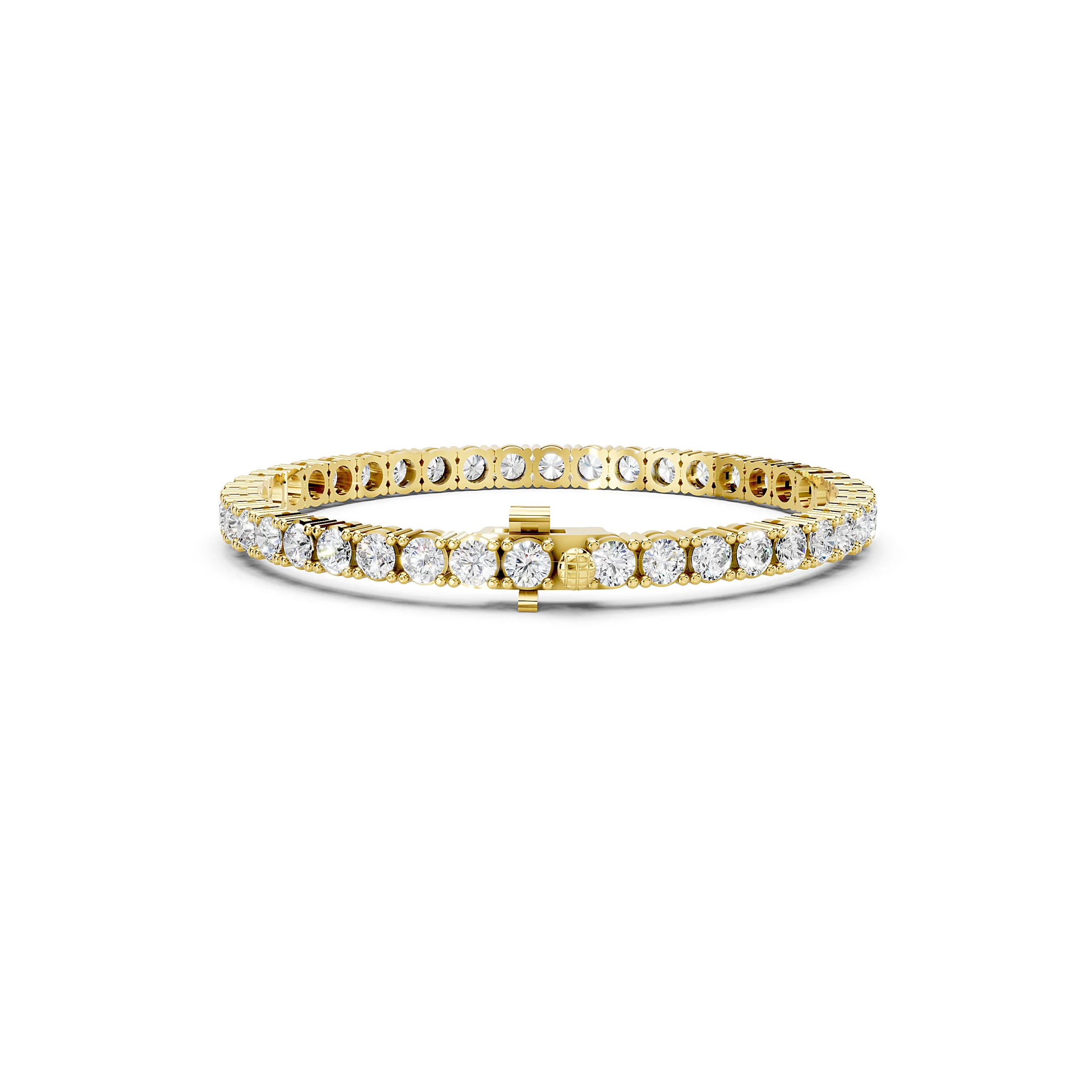 Eight-inch round diamond tennis bracelet with flexible four-prong links and an integrated box-style clasp.