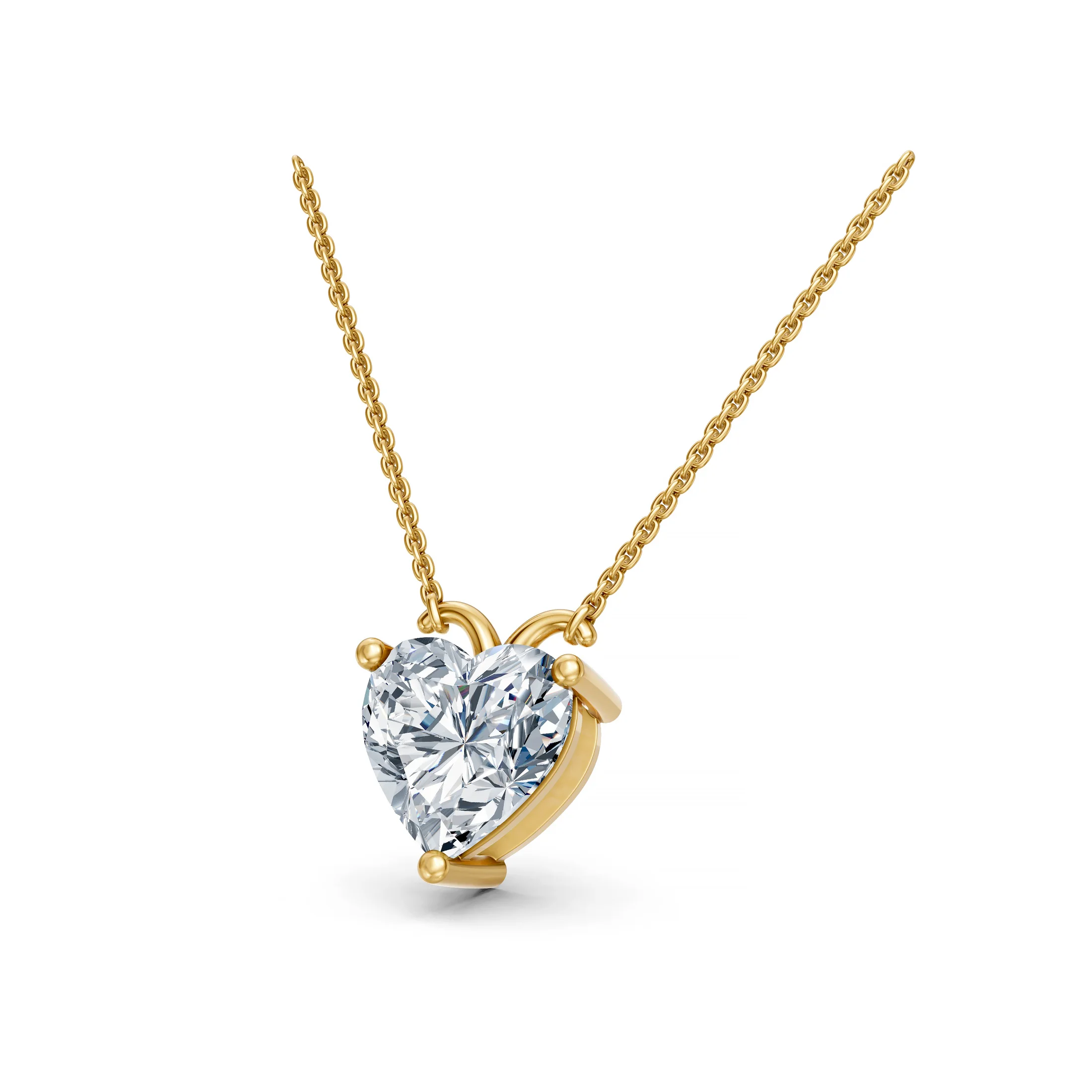 Heart-shaped solitaire diamond necklace with a three-prong setting and integrated curved chain connectors