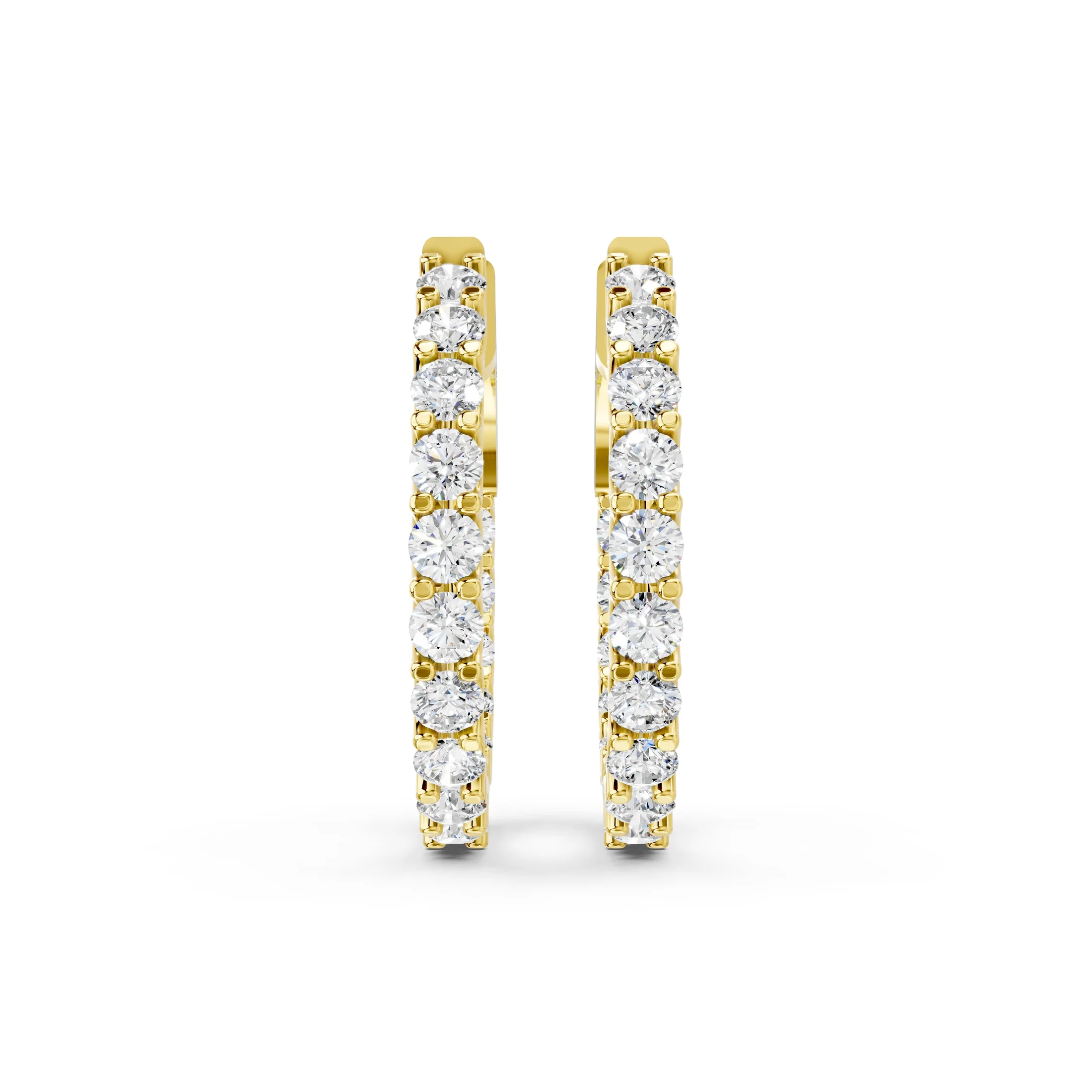 Pair of round diamond hoop earrings with prong-set stones and hinged latch-back closures.