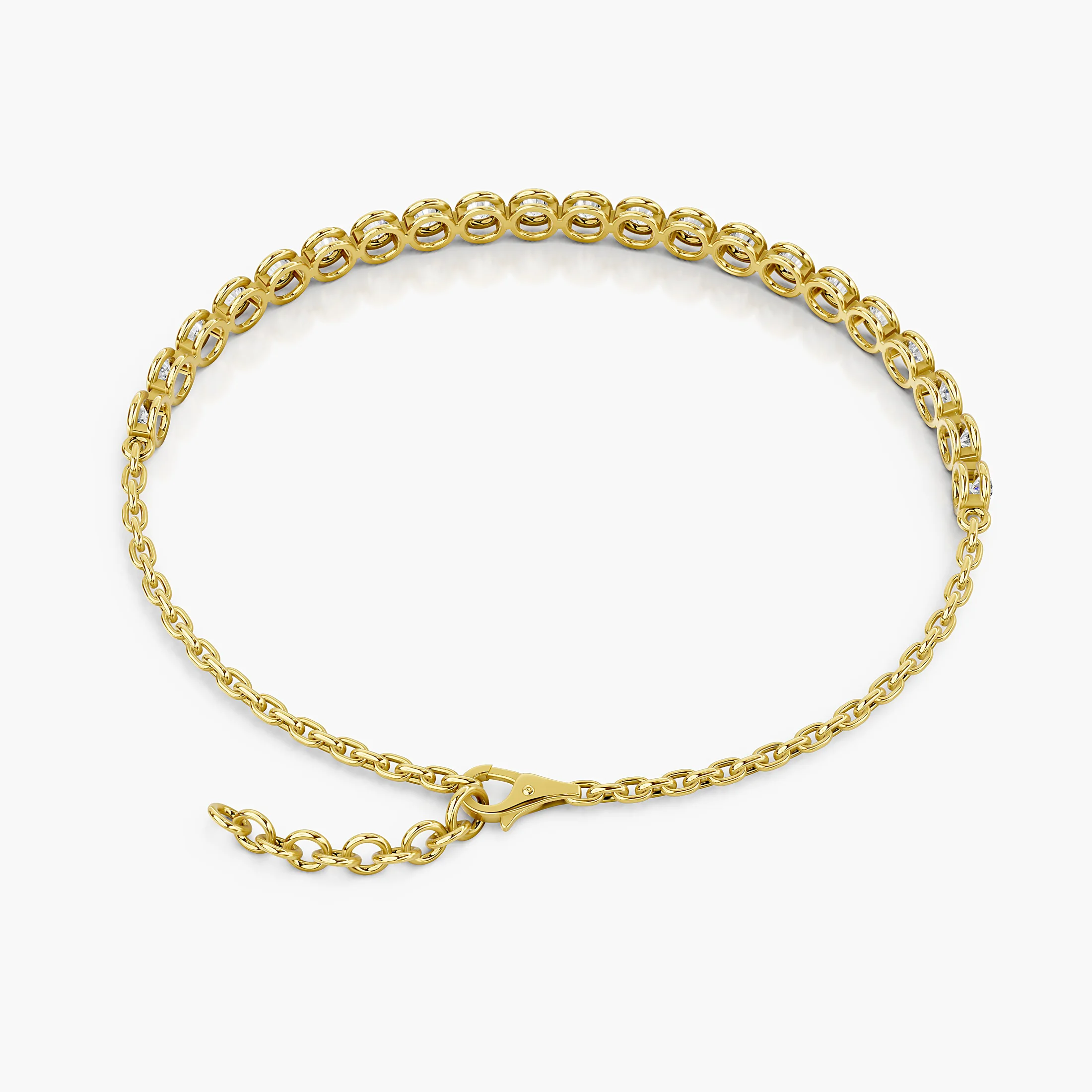 Round diamond link bracelet featuring graduated concentric circular frames, a flexible chain and a lobster clasp.